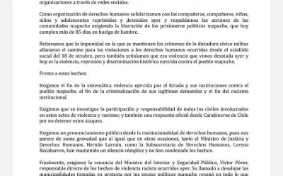 Organizaciones de Derechos Humanos y Memoria se pronuncian ante ataques racistas en La Araucanía
